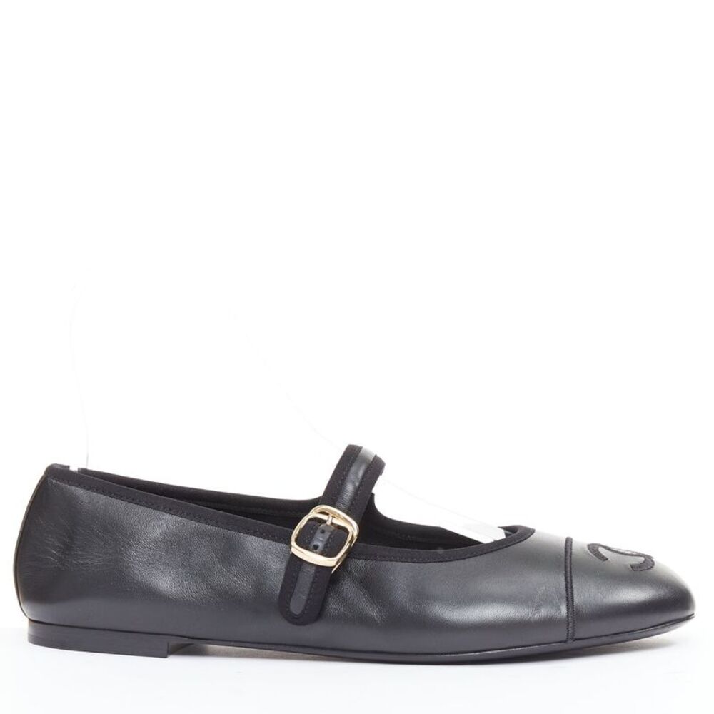 Chanel black soft lambskin stitched CC cap toe flats